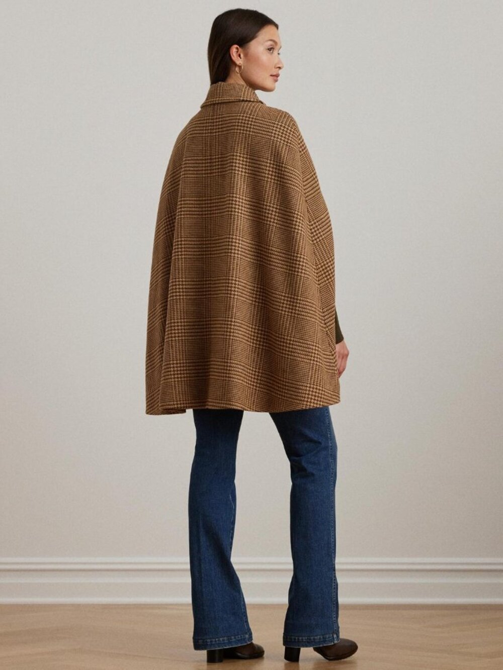 Lauren Ralph Lauren Wool Blend Cape Coat M/L Camel Cognac Check Heritage Autumn - Picture 3 of 16